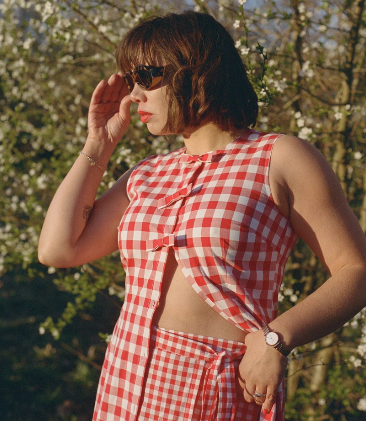 Bonkers Bon Coeur slow fashion campaign lookbook featuring red and blue gingham clothing sets in London countryside