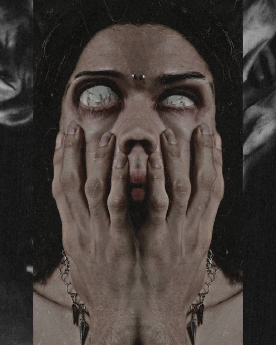 collage digital, retrato punk, dark, gótico, surrealismo, ojos en blanco, piercings, miedo, intervención digital, manos grandes, amorfo, collar metálico, metal, perforaciones, pesadilla, sueños, malformaciones, susto, black portrait, retrato oscuro