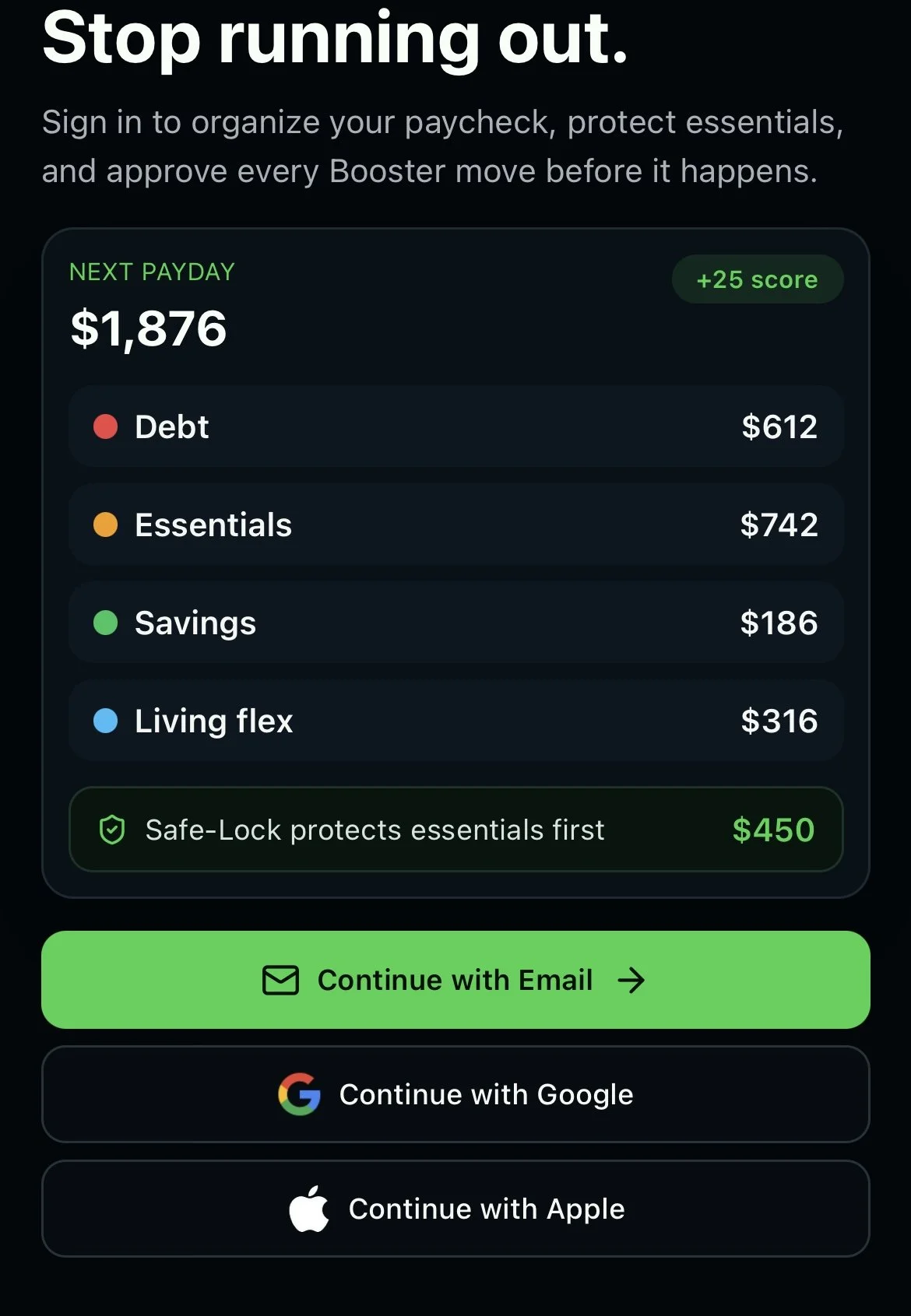 Screenshot of a financial app showing a message "Stop running out" and options to continue with email, Google, or Apple for sign-in