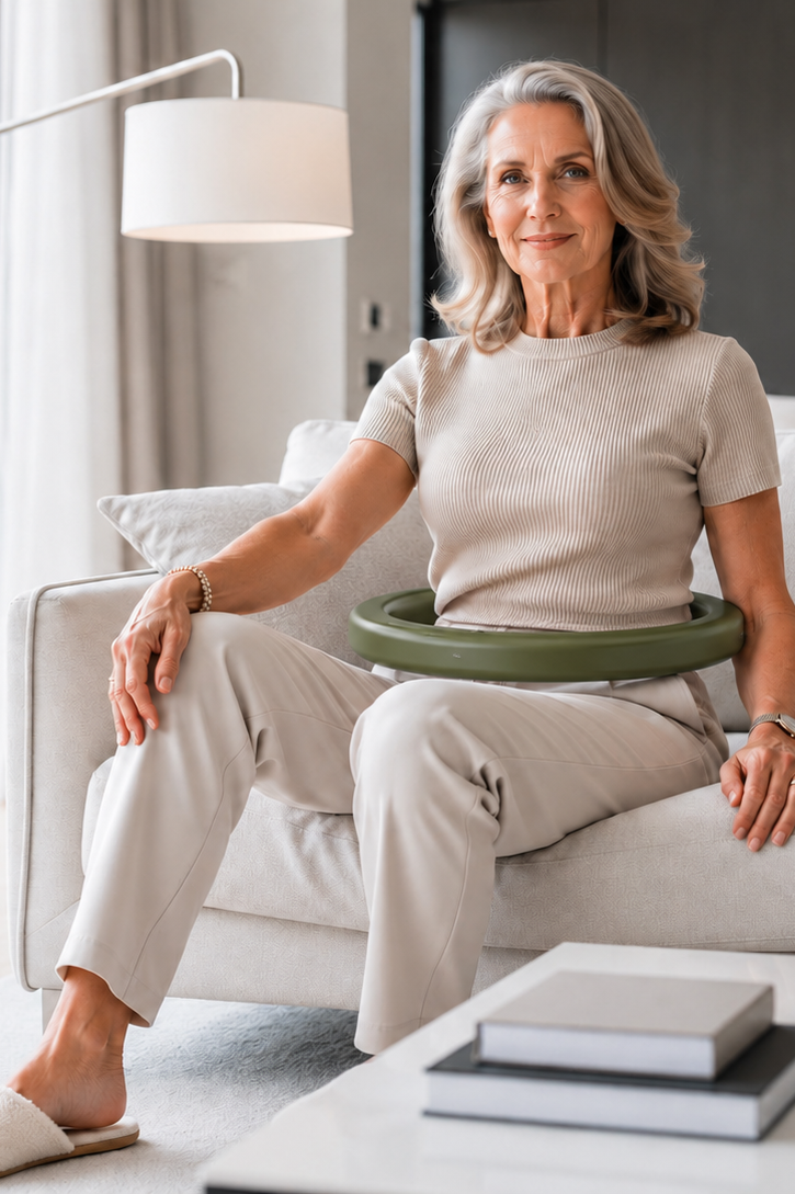 An older woman sitting on a beige sofa with ImmunoRing around her waist in a living room, smiling at the camera.