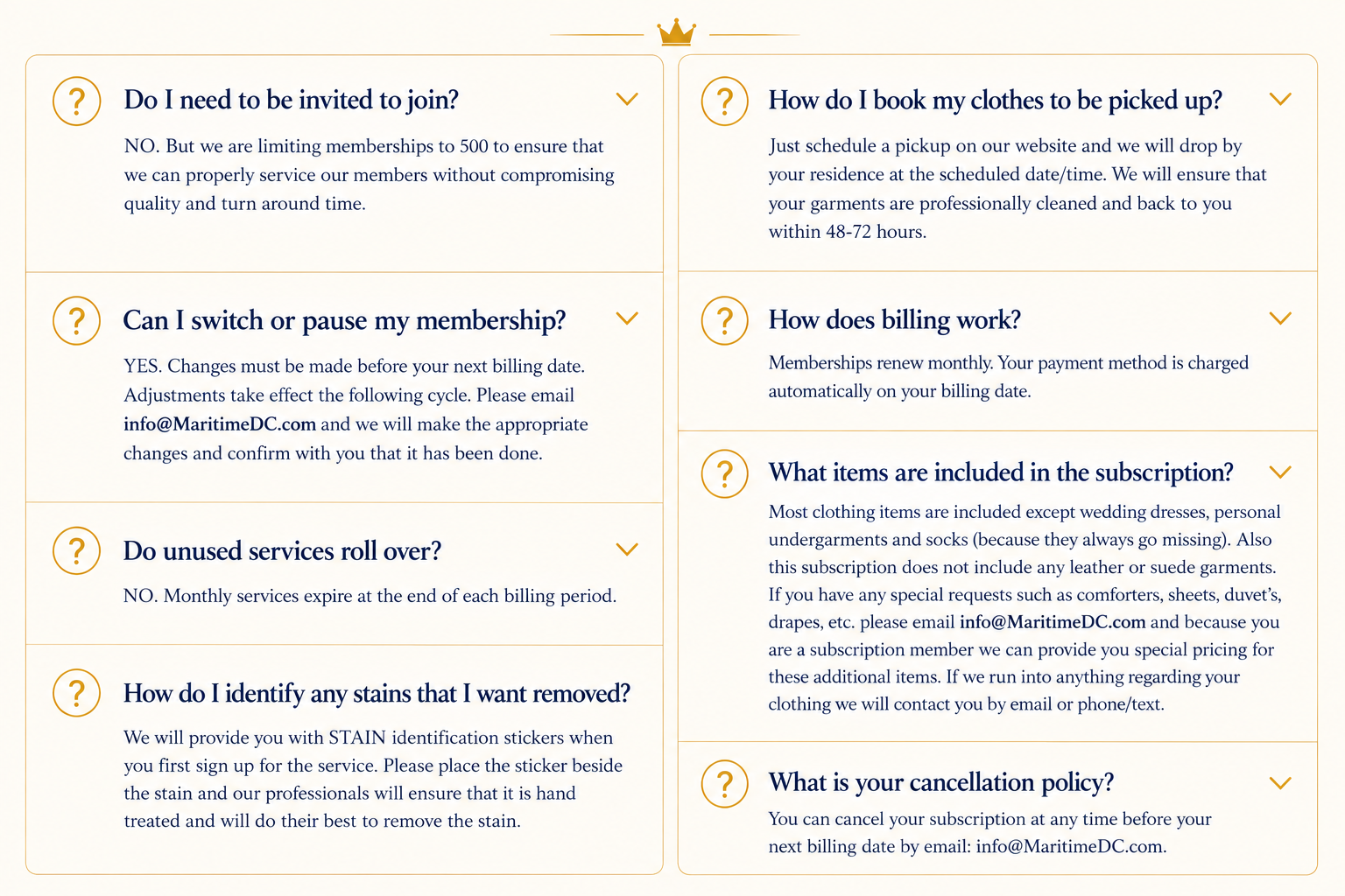 Frequently Asked Questions about a clothing subscription service, including questions about membership, booking clothes, billing, item inclusion, cancelation policy, and service details.