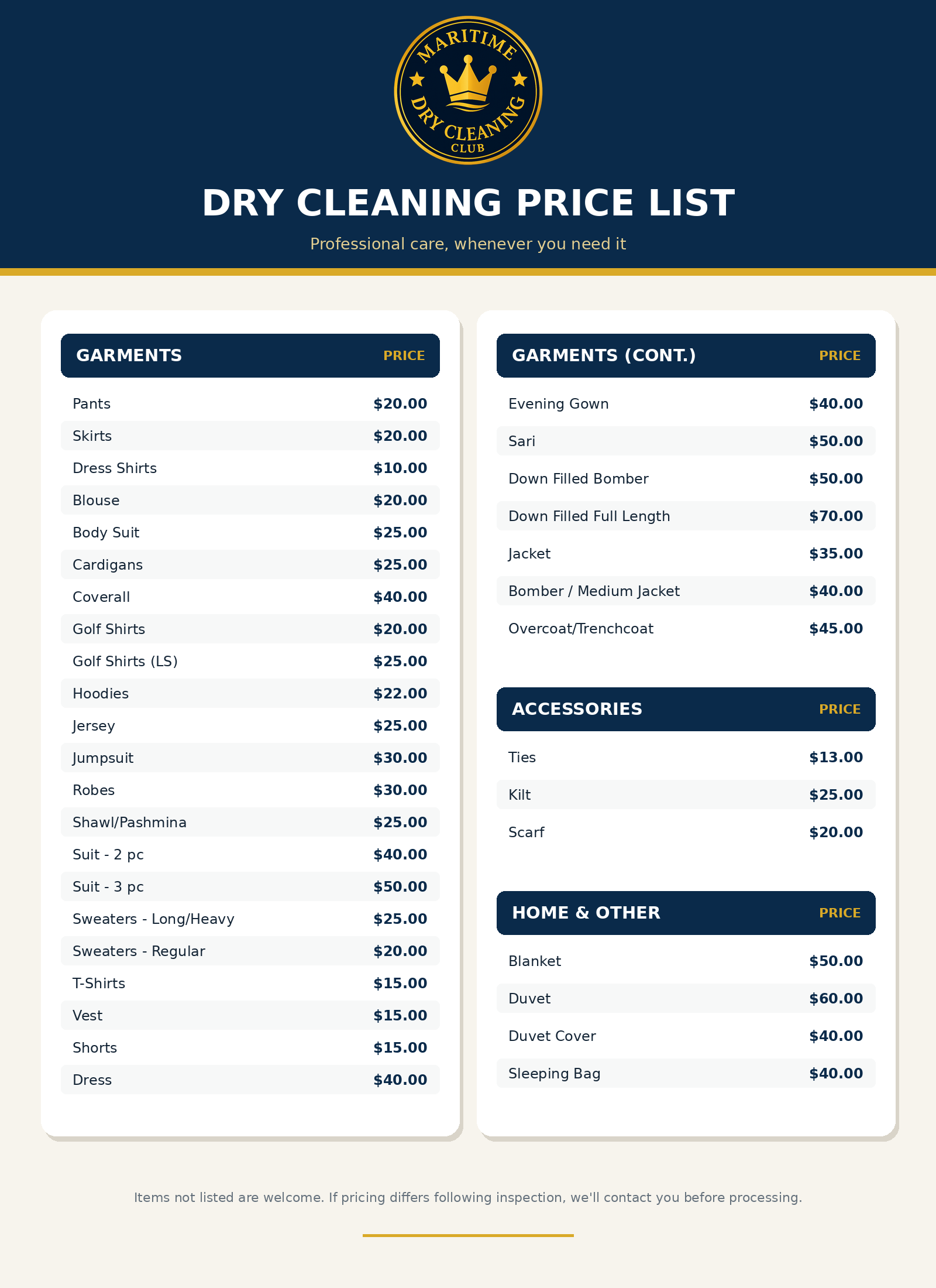 A price list for a maritime dry cleaning club, including prices for garments such as pants, skirts, blouses, suits, sweaters, T-shirts, and home items like blankets and duvets.