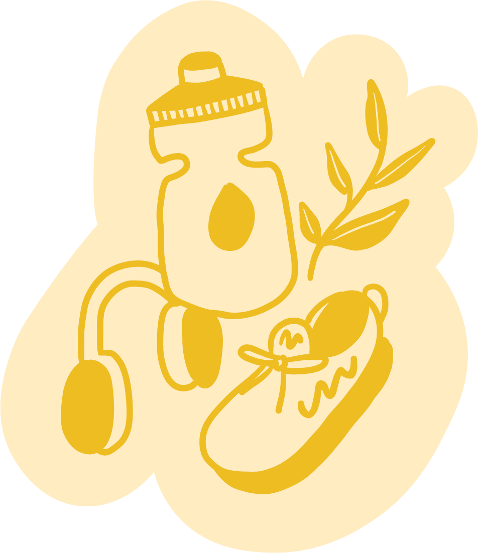 Line drawing of a jar of honey, a honey dipper, honeycomb, and honey tardy with a branch with leaves.