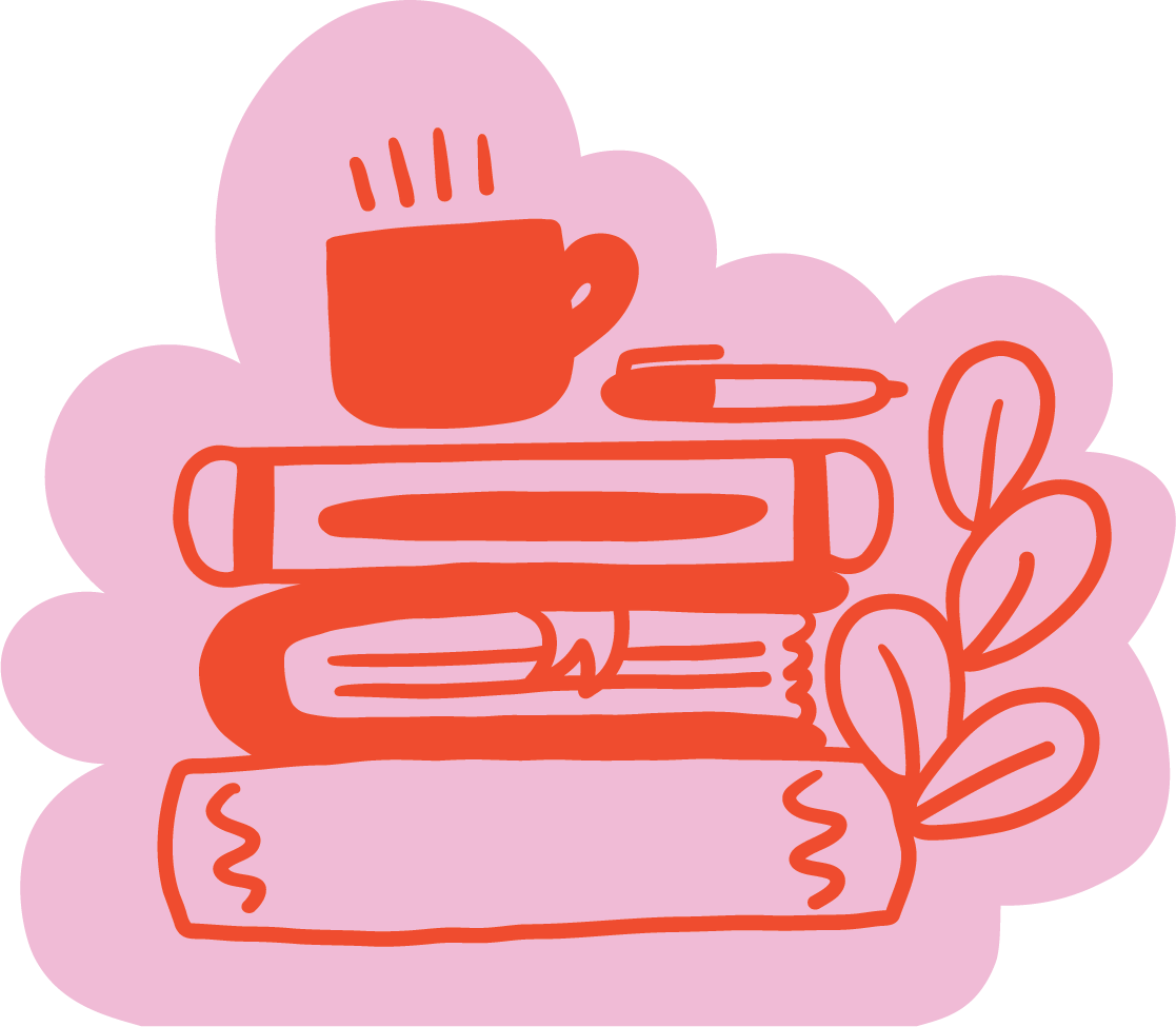 Illustration of a stack of books with a mug, a pen, and a leaf on a pink cloud background.