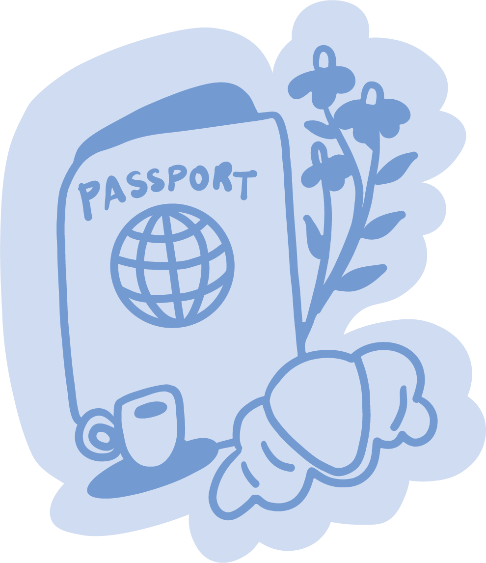 Drawing of a passport, a flower, a cup, and a hat.