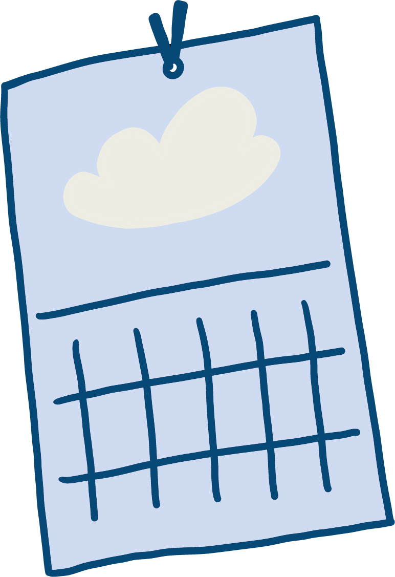 A calendar page with a cloud illustration at the top and a grid of dates below, attached with a string.