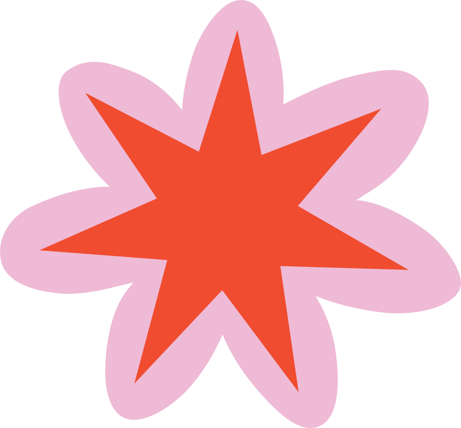 A stylized flower with six pink petals and an orange star-shaped center.