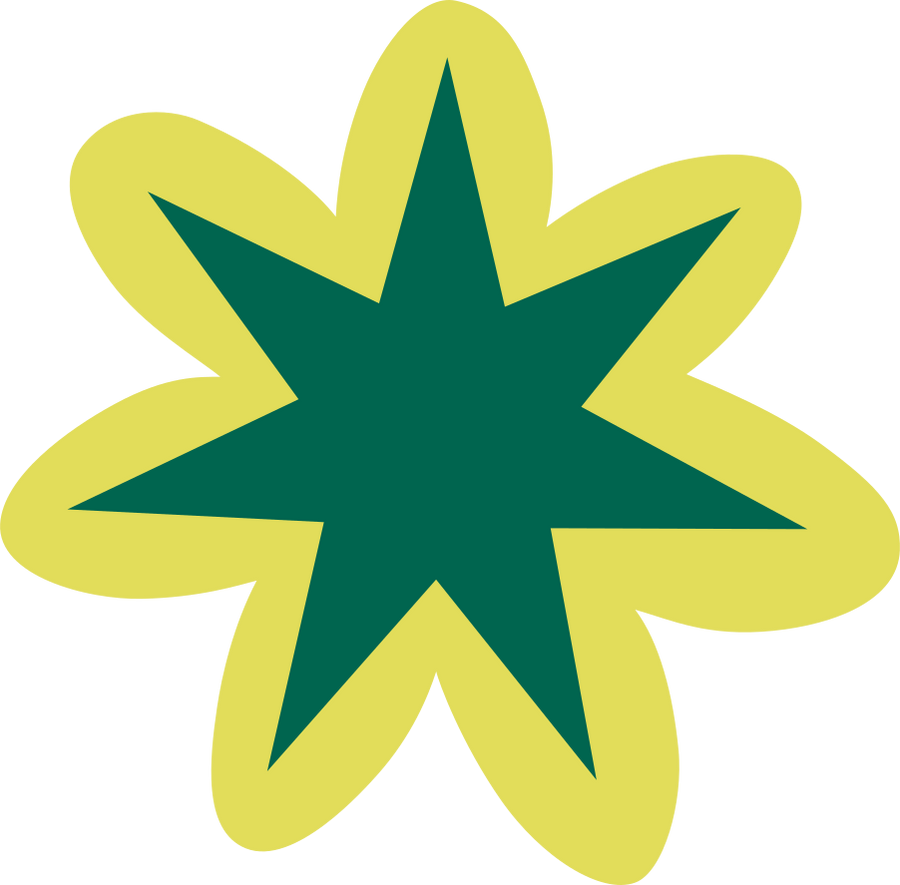 A stylized flower with eight yellow petals and a dark green star-shaped center.