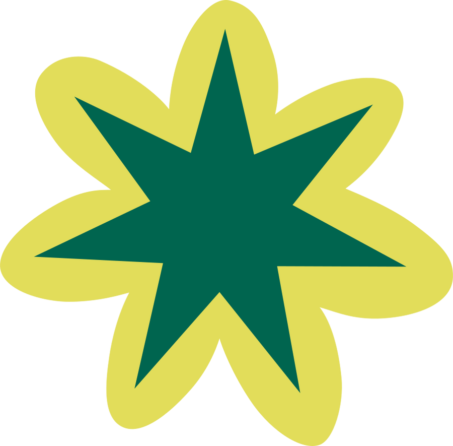 A stylized flower with yellow petals and a dark green center.