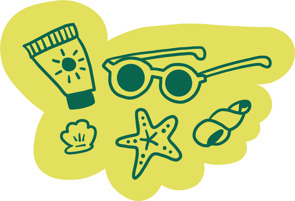 Illustration of summer beach essentials including sunscreen, sunglasses, a starfish, a scallop shell, and a swim ring, set against a light yellow background.