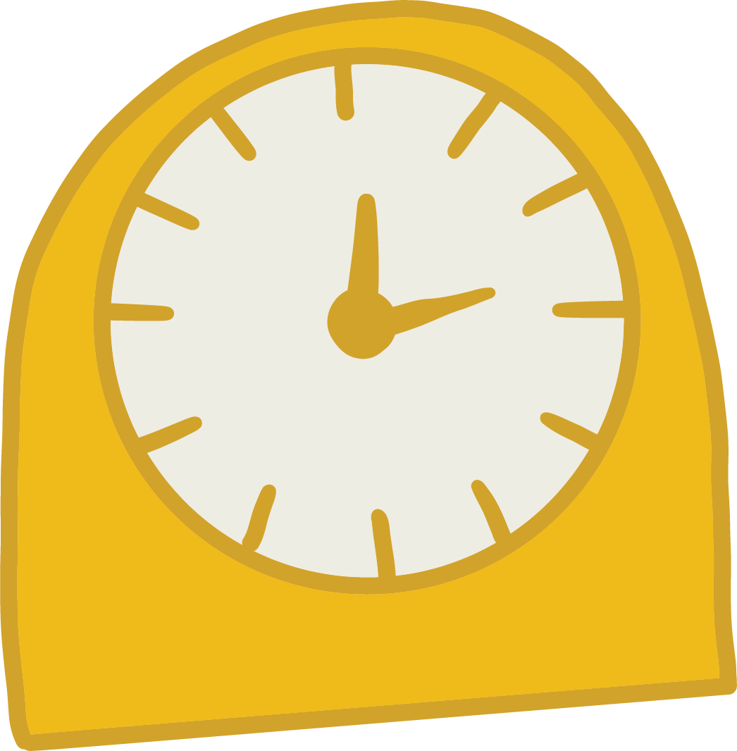 Yellow desk clock showing 3:00.
