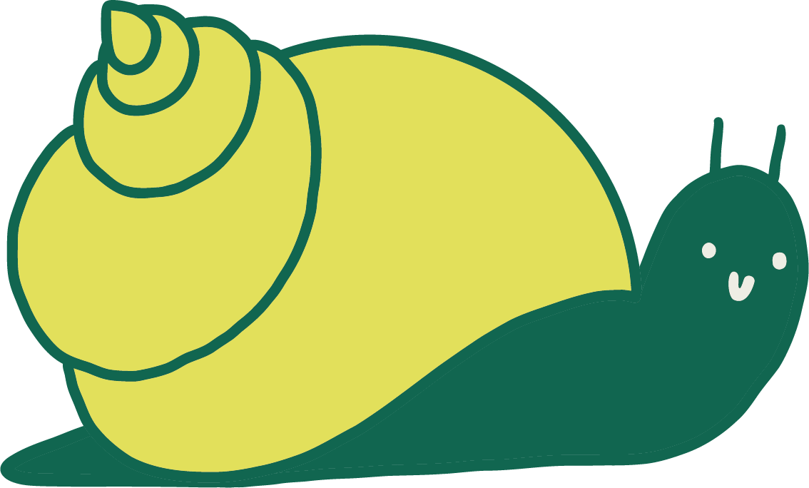 A cartoon illustration of a snail with a yellow shell and a dark green body, featuring a smiling face.