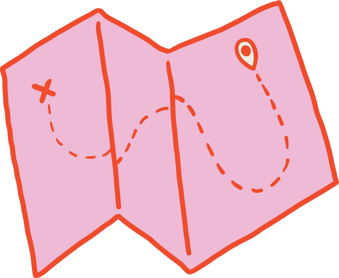 A pink folded paper with red outlines showing a dotted line and an 'X' on the left side and a dotted line with a location marker on the right side, indicating a treasure map or a route.