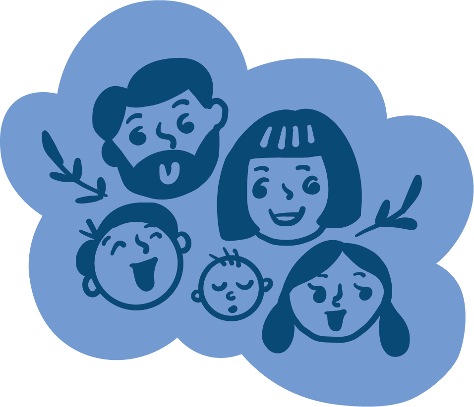 Cartoon illustration of a happy family with five members, including a bearded man, three children, and a woman with pigtails, all smiling and surrounded by blue clouds.