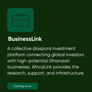 Green icon of a briefcase above the text 'BusinessLink' and a description about an investment platform supporting Ghanaian businesses, with a 'Coming soon' label.