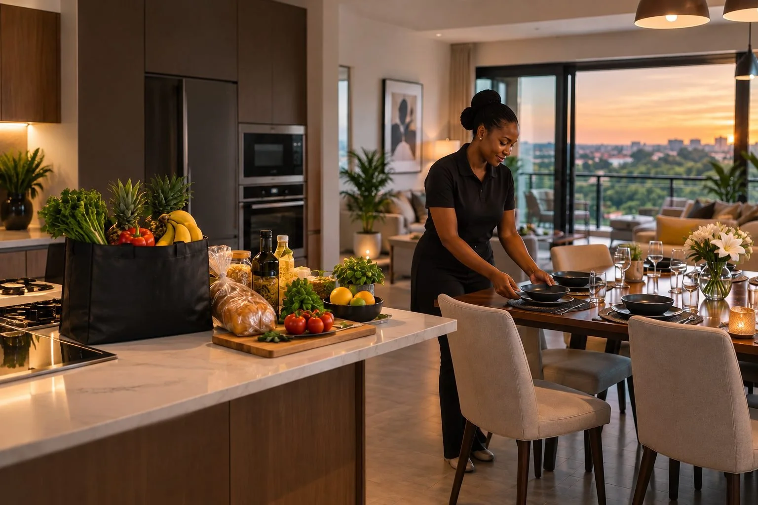 A woman setting a dining table in a modern, sunlit apartment with a view of the city skyline at sunset. The kitchen island has fresh produce, bread, and condiments.