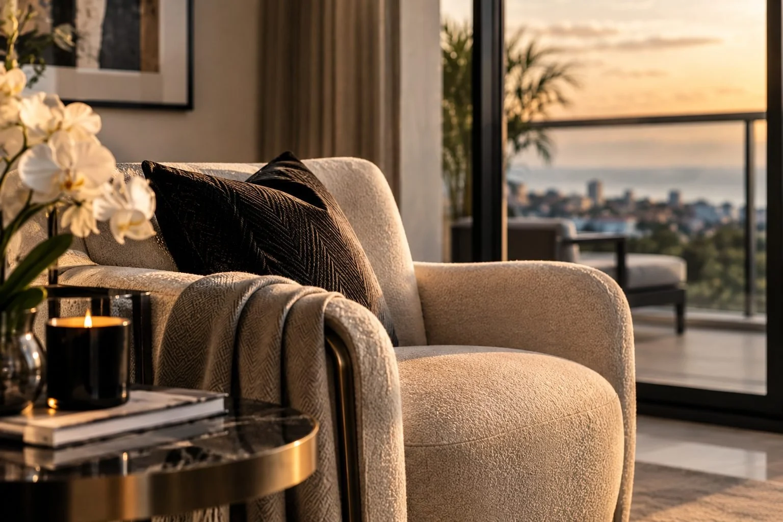 Living room with a beige armchair, black pillow, blanket, flowers, candle, and a view of a cityscape and ocean through large glass doors at sunset.