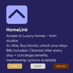 HomeLink app logo and description about luxury home access, including membership benefits and tiers (Gold, Silver, Bronze).