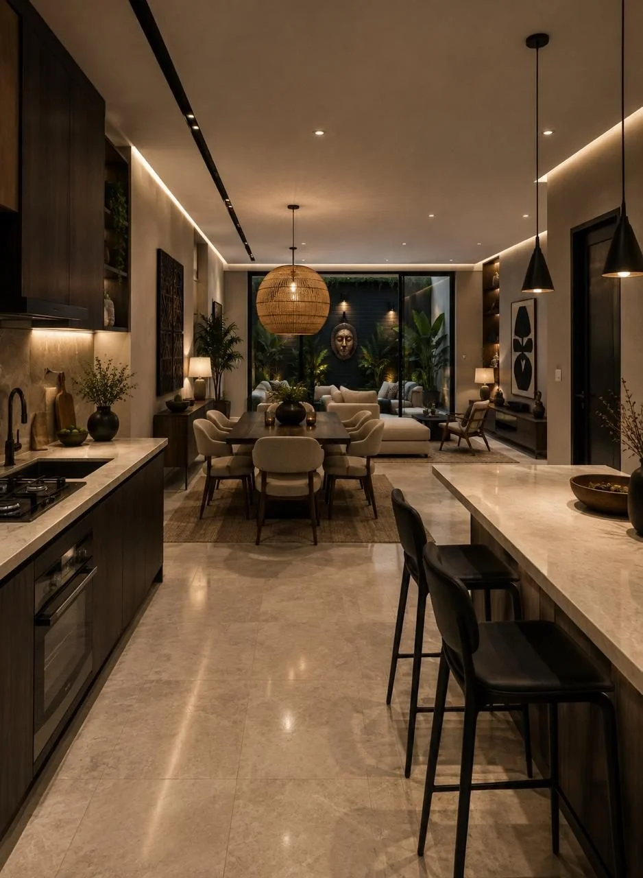Modern open-concept kitchen and living room with warm lighting, neutral tones, and contemporary decor, including a dining table with chairs, kitchen island with barstools, and a cozy seating area with sofas and plants.