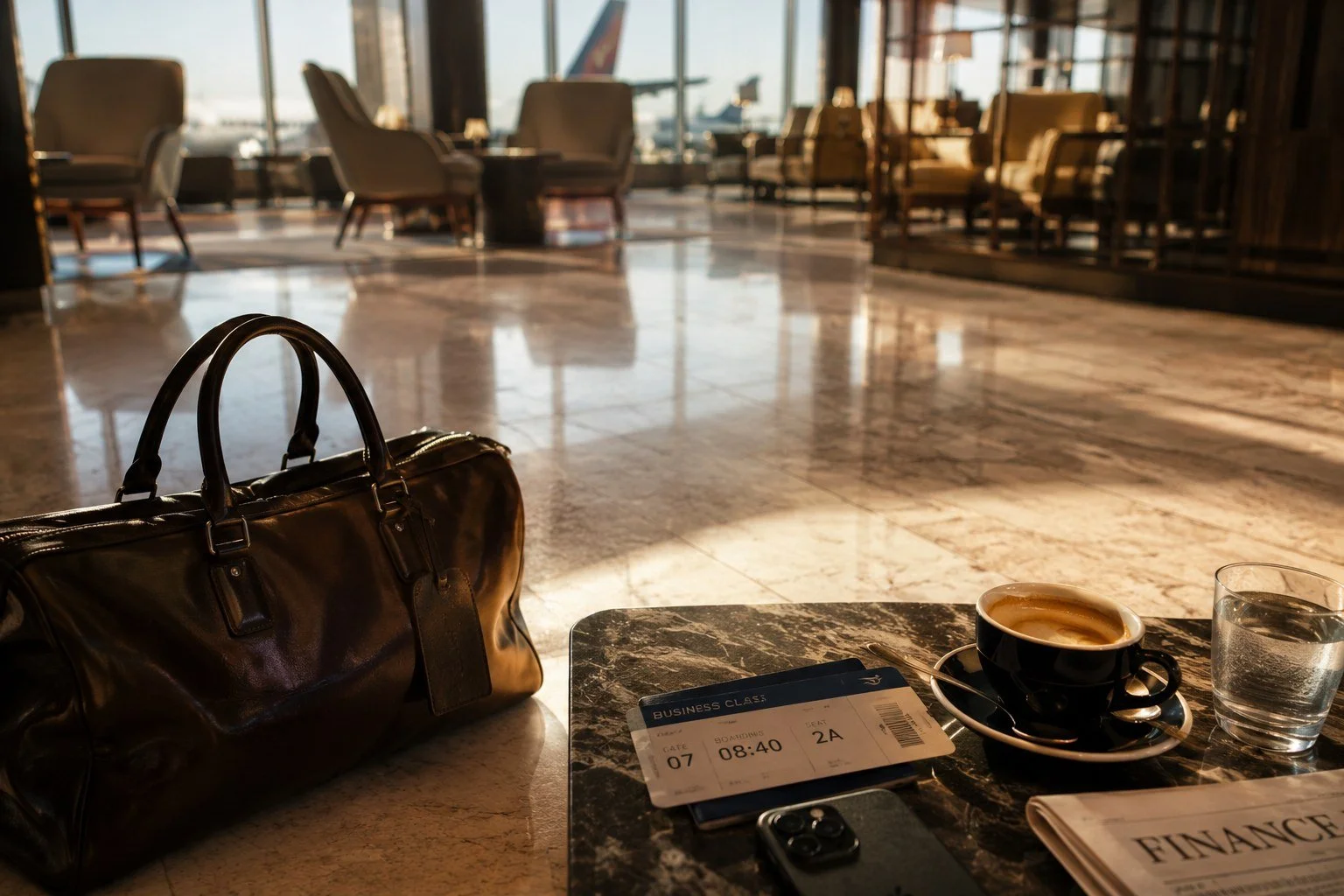 Seats and windows at an airport lounge with a leather bag, flight boarding pass, coffee, glass of water, smartphone, and a newspaper on a marble table in the foreground.