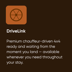 Icon of a wheel inside a brown square, representing DriveLink, a premium chauffeur-driven 4x4 service.