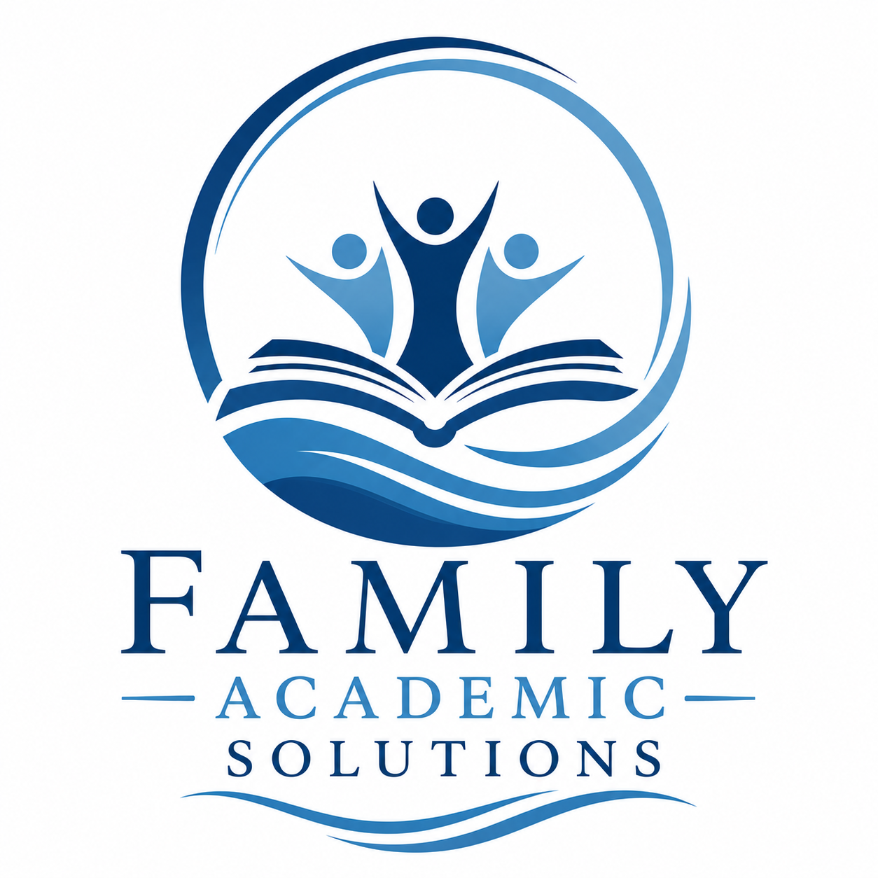 Logo for Family Academic Solutions featuring an open book with three stylized people rising above it, surrounded by a circular wave design, in shades of blue.