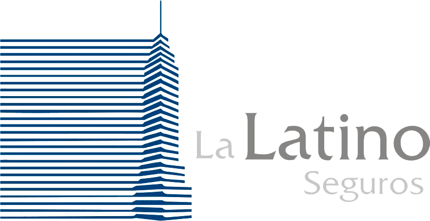 Logotipo de La Latino Seguros con un edificio estilizado y el nombre de la compañía en letras grandes.