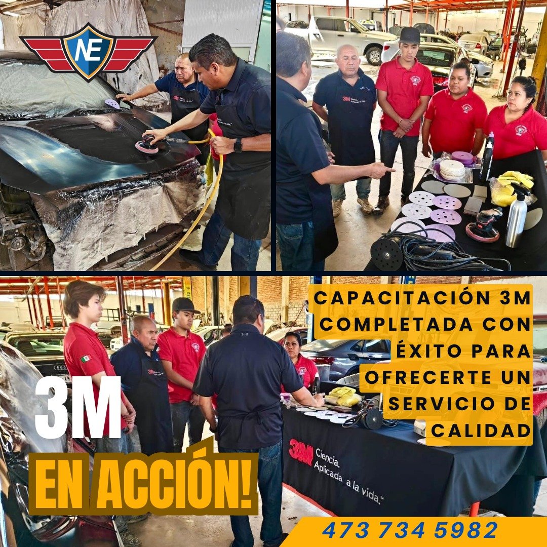 Fotografía de una capacitación de 3M para ofrecer servicios de calidad en reparación de automóviles, con instructores y asistentes en un taller automotriz.