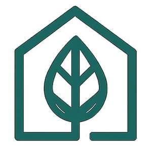 Logo featuring a stylized leaf enclosed within a house-shaped outline.
