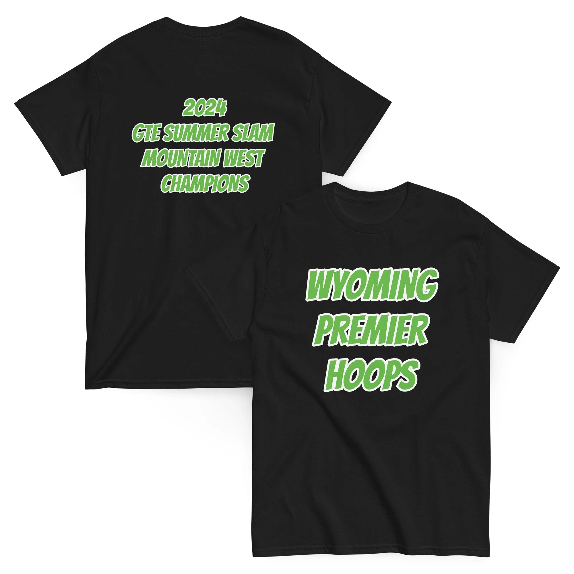 Black T-shirt with green and white text announcing 2024 GTE Summer Slam Mountain West Champions and Premier Hoops.