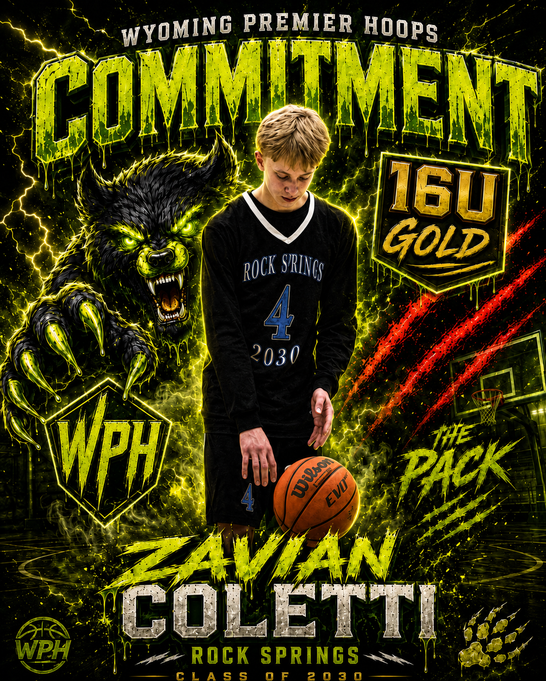 Digital graphic featuring a young basketball player in a black jersey labeled 'Rock Springs 4 2030', standing on a court holding a basketball, with a fierce black and green wolf mascot in the background. The graphic includes neon yellow and green lightning effects, words like 'Commitment', '160 Gold', 'The Pack', and references to Wyoming Premier Hoops and Zavian Coletti, class of 2030.