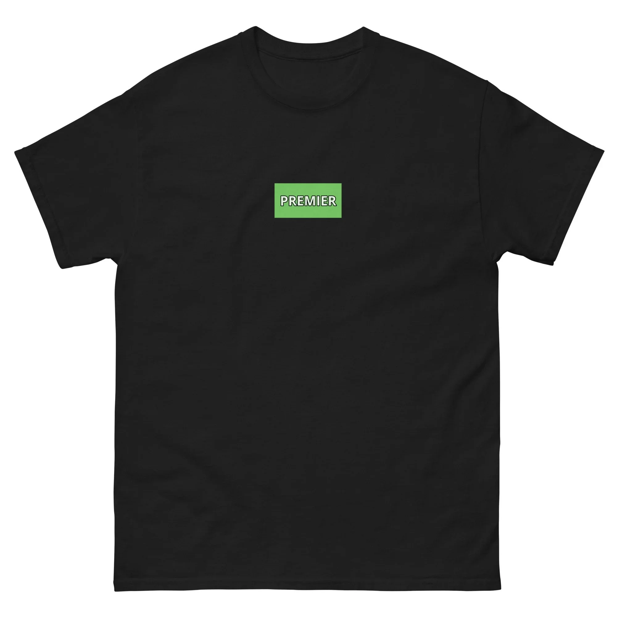 Black T-shirt with a green rectangle and white text that reads 'PREMIER'.