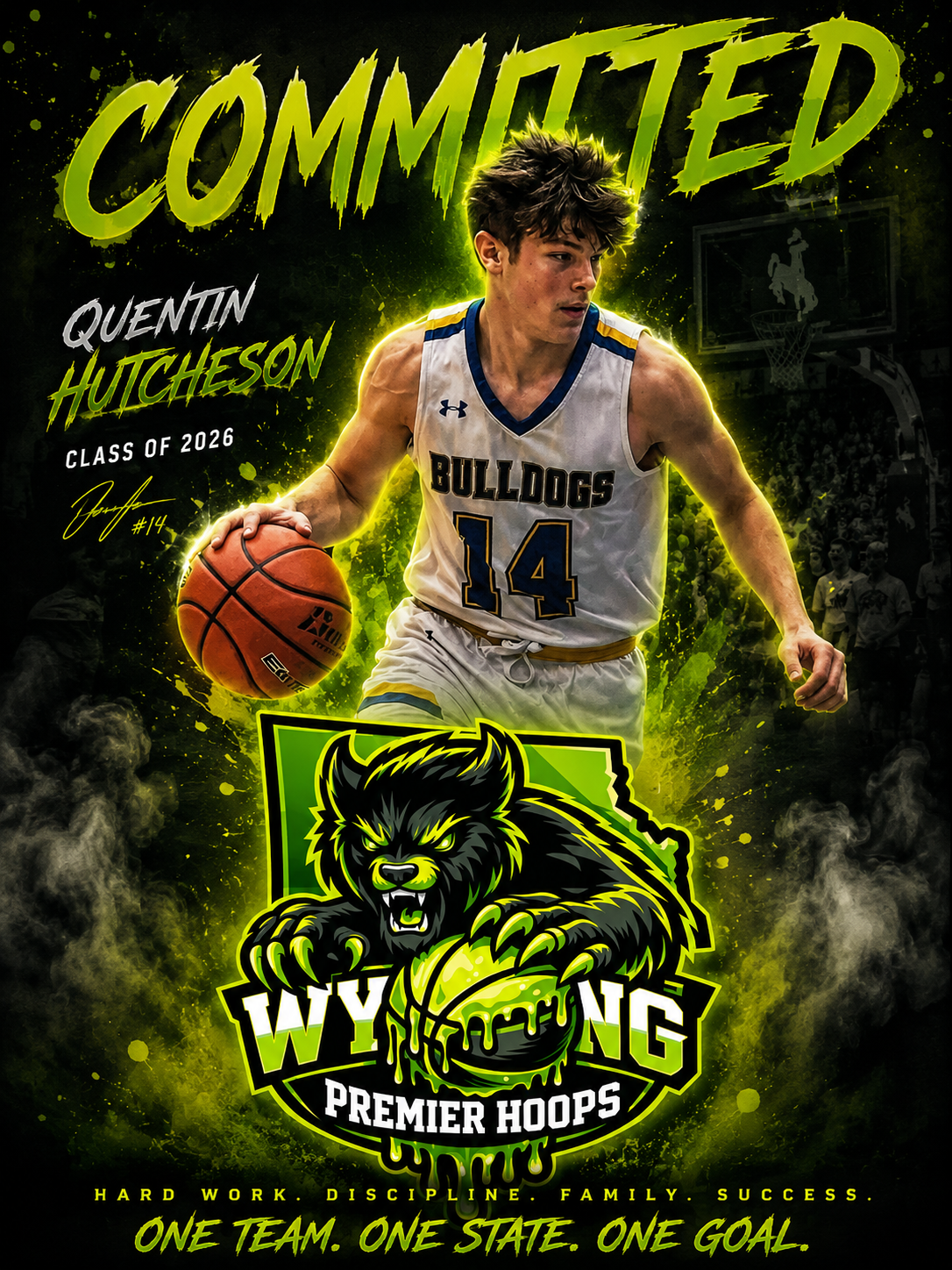 A basketball player in a white Bulldogs jersey with the number 14 dribbling a basketball, with a fierce lion mascot and the words 'Wyoming Premier Hoops' on a dark background with green accents.