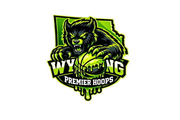 Logo of a basketball team called Wyoming Premier Hoops featuring a black bear holding a green basketball with dripping paint, in neon green, black, and white colors.