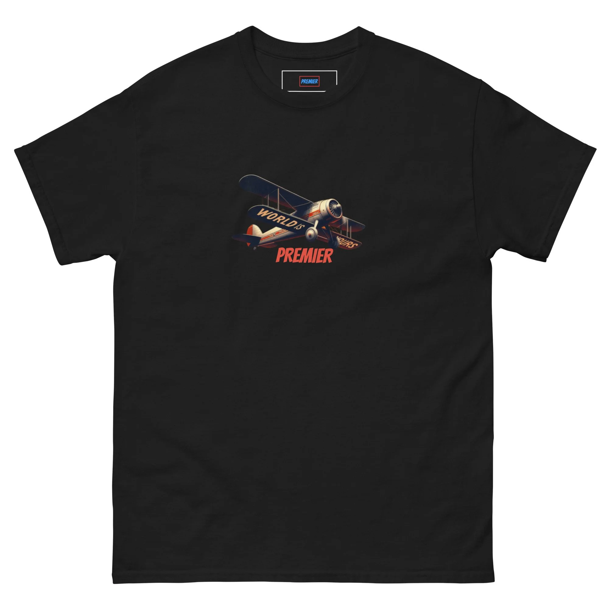 Black T-shirt with a graphic of a vintage airplane and the words 'World's Premiere' on the front.