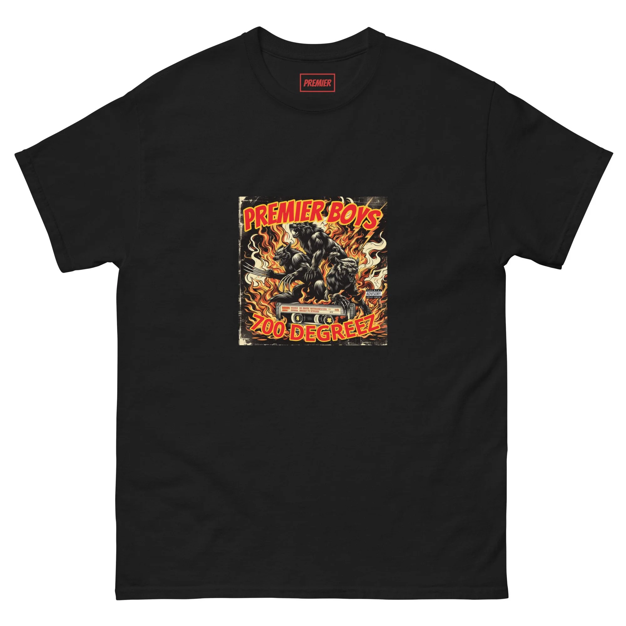 Black T-shirt with graphic design featuring two wolves, flames, and bold red and yellow text that reads 'PREMIER BOYS' and 'TOO DEGREEZ'.