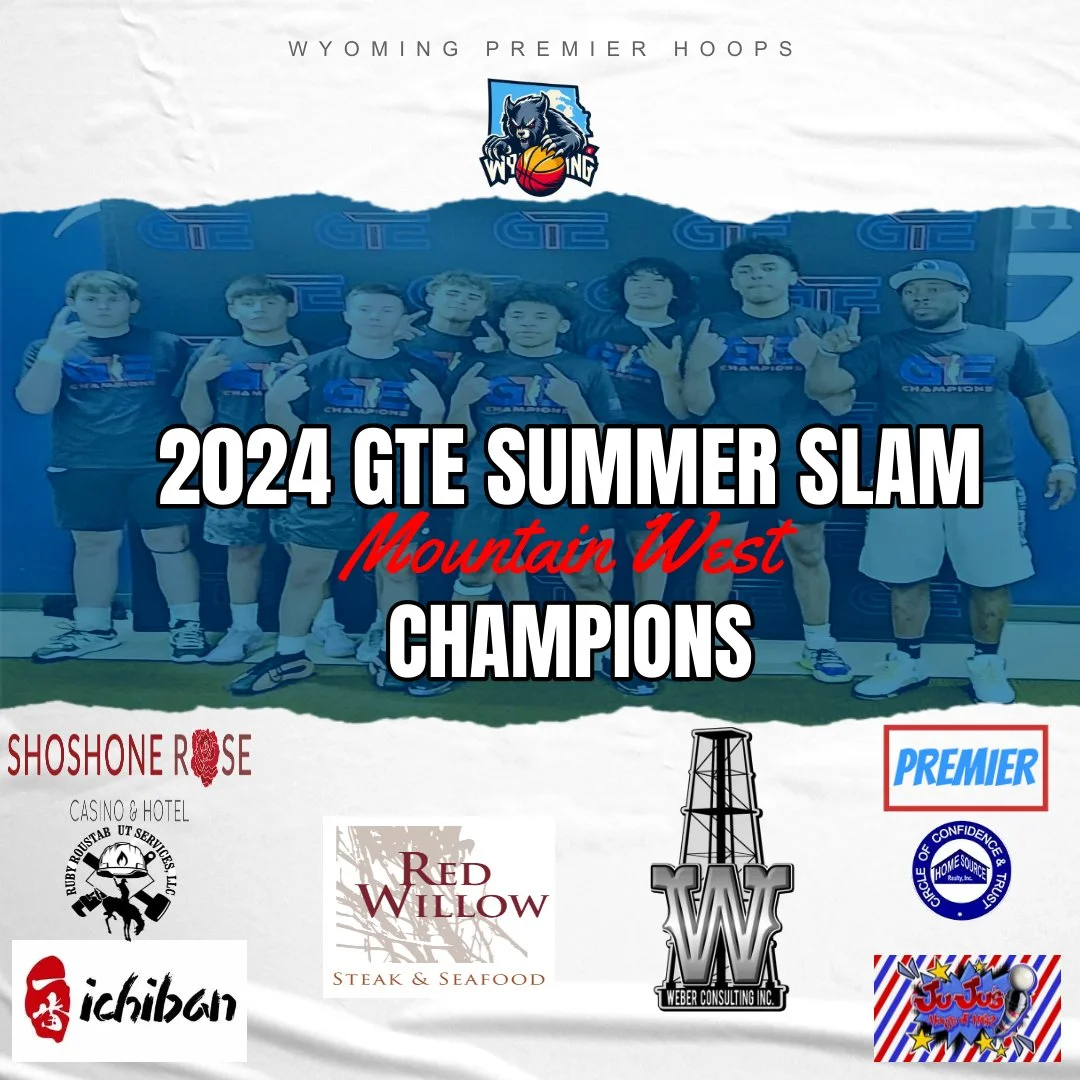 Group of young men in sports jerseys celebrating with hand gestures, behind a banner that reads "2024 GTE Summer Slam Mountain West Champions," with various sponsor logos at the bottom of the image.