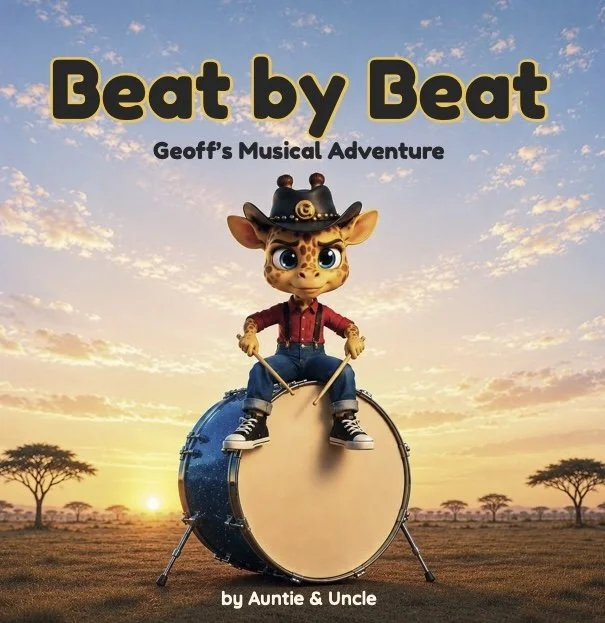 Cover of a children's book titled 'Beat by Beat: Geoff's Musical Adventure' featuring an animal character, a young coyote with big eyes, wearing a cowboy hat, red shirt, and jeans, sitting on a large bass drum in an open field at sunset.