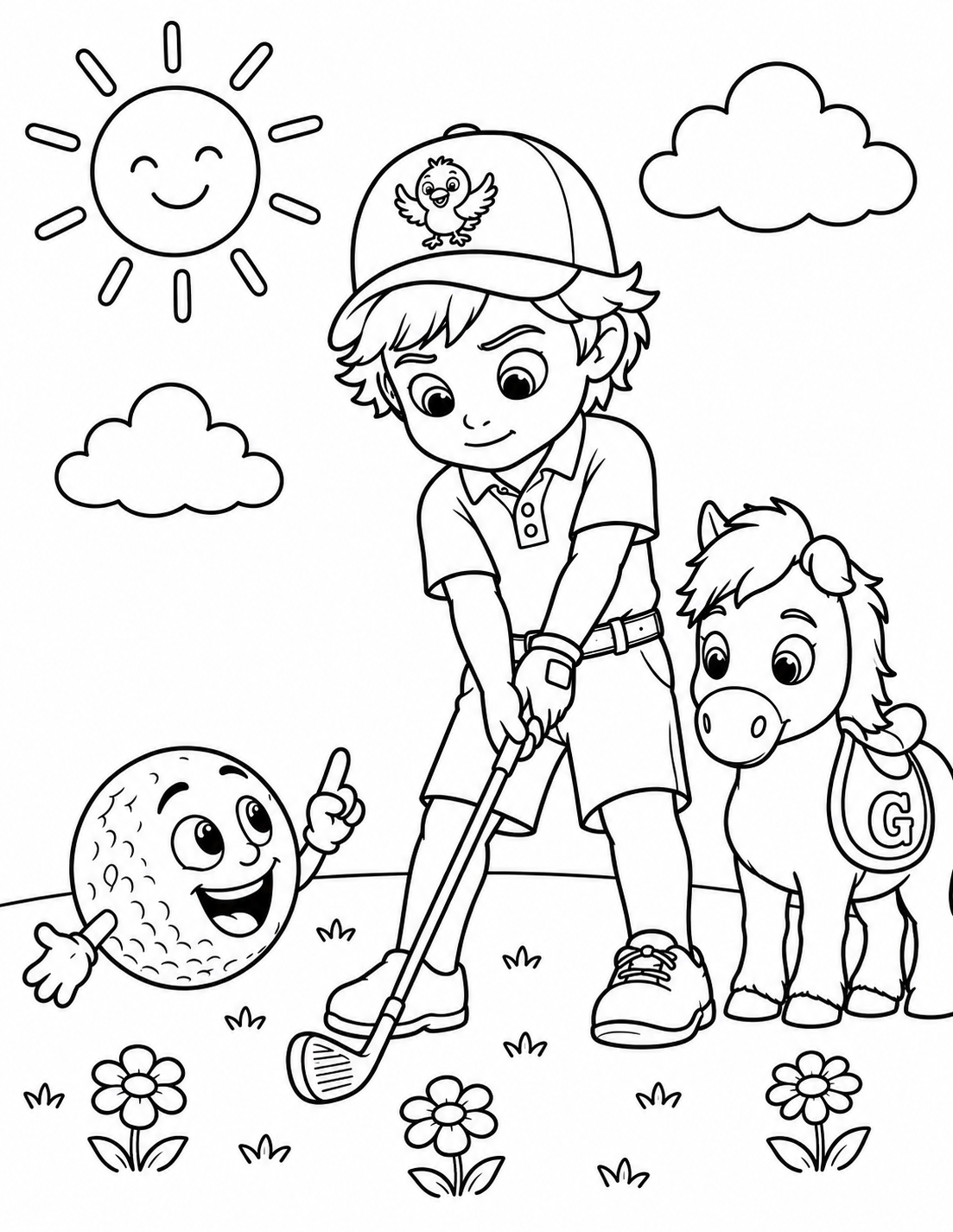 A young boy playing golf outdoors with a small horse and a smiling golf ball character with a finger raised, under a sunny sky with a few clouds and flowers on the ground.
