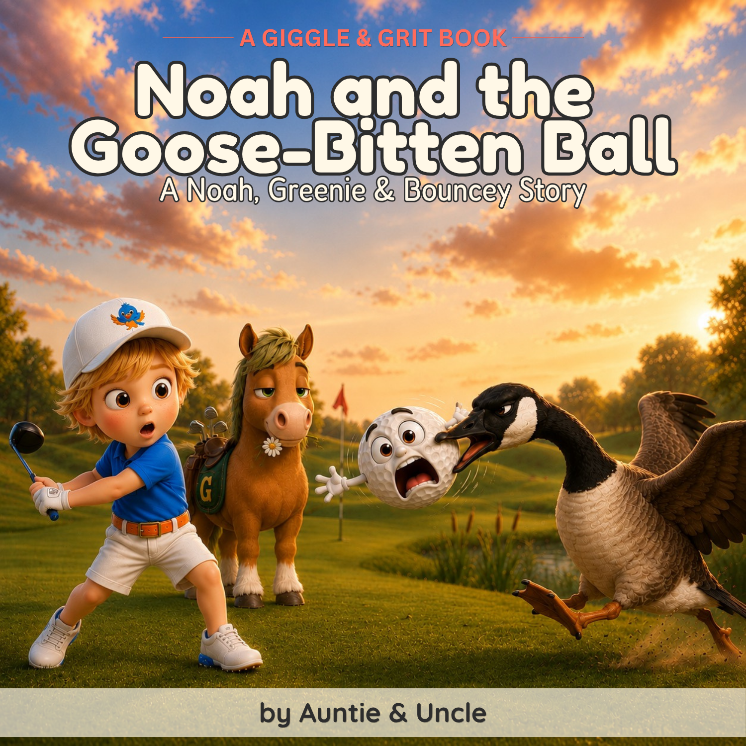 Cover of a children's book titled 'Noah and the Goose-Bitten Ball' with an outdoor golf scene at sunset. Features a young boy in a blue shirt, beige shorts, and a white cap, holding a golf club; a friendly horse with a daisy on its saddle; a bouncing golf ball with eyes and mouth; and a goose with an angry expression. The book is by Auntie & Uncle.