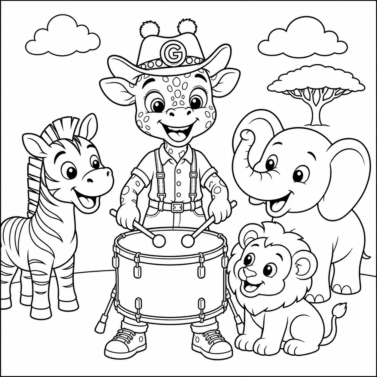 Black and white coloring page of a cheerful jungle scene with anthropomorphic animals and a young boy. The boy is playing a drum, wearing a hat with a G on it, and surrounded by a zebra to his left, an elephant to his right, a lion sitting in front, and a small tiger directly in front of the drum. There are clouds and a tree in the background.