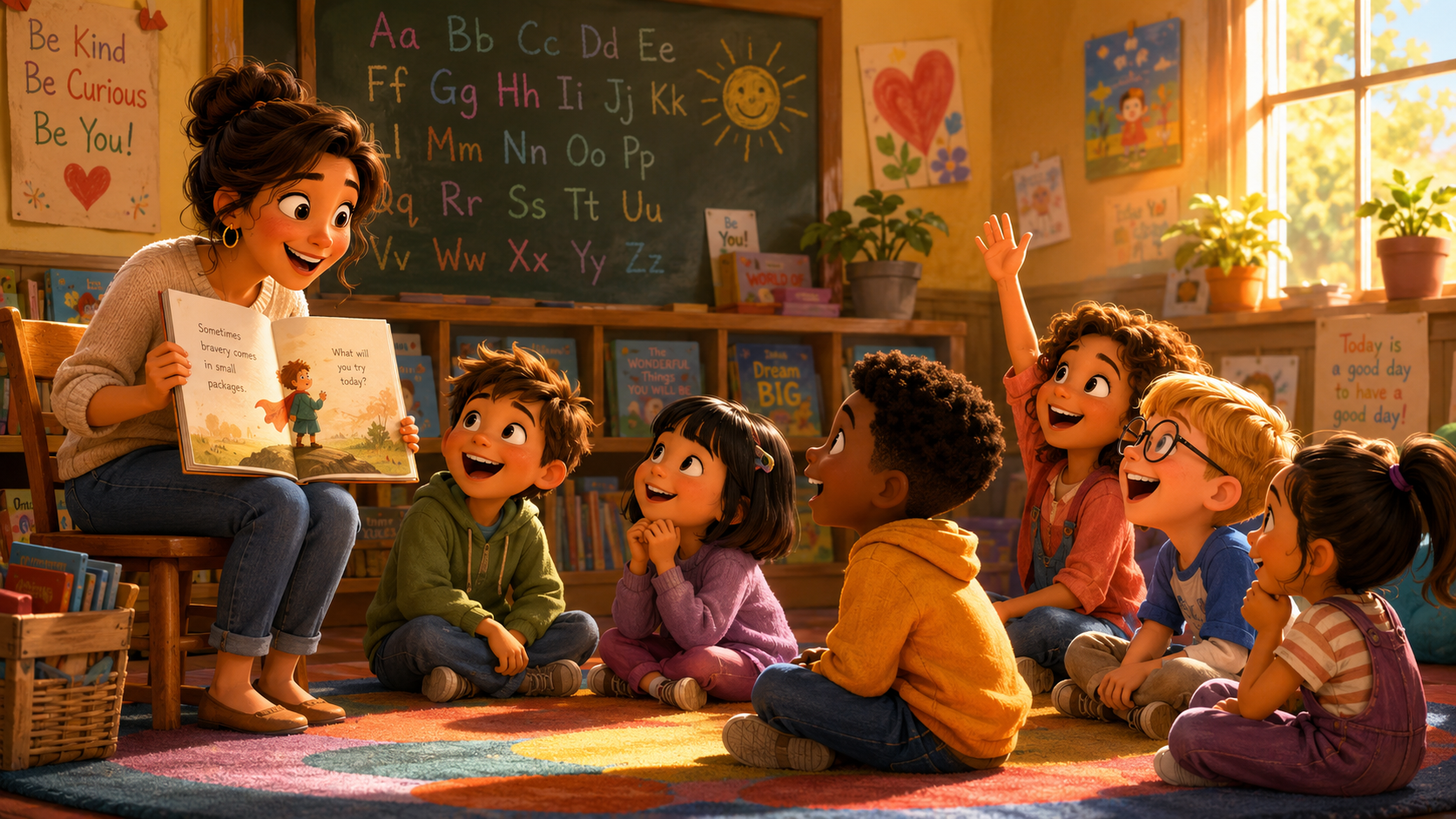 A teacher reading a book to a diverse group of smiling children in a colorful classroom, with one child raising their hand.