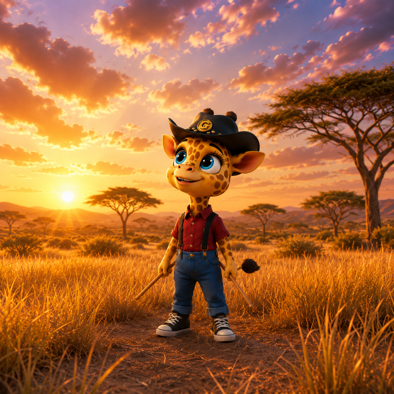 Animated young giraffe in safari attire standing on a dirt path in an African savanna during sunset, with trees and golden grass in the background.
