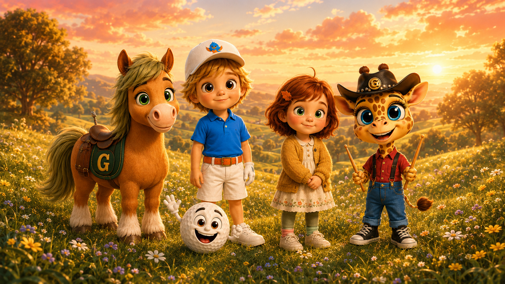 Animated characters standing in a field of flowers during sunset, including a horse, a boy, a girl, a smiling golf ball, and a giraffe with a cowboy hat.