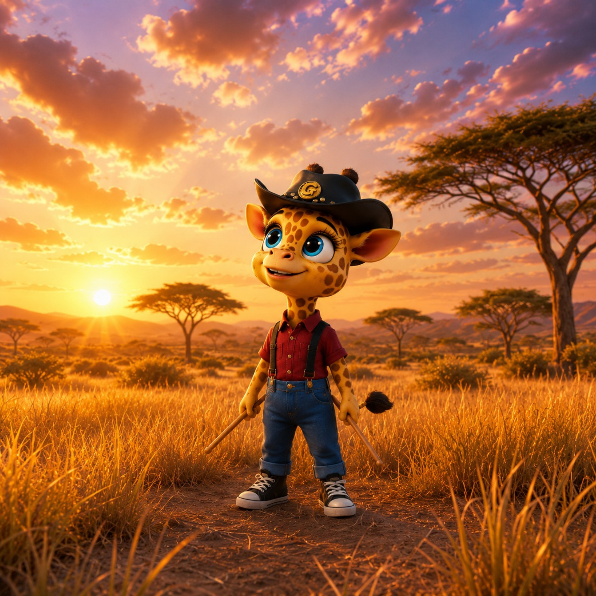 Cute baby giraffe cartoon character wearing a cowboy hat, red shirt, suspenders, and sneakers, standing on a dirt path in a savanna landscape at sunset with trees and clouds in the background.