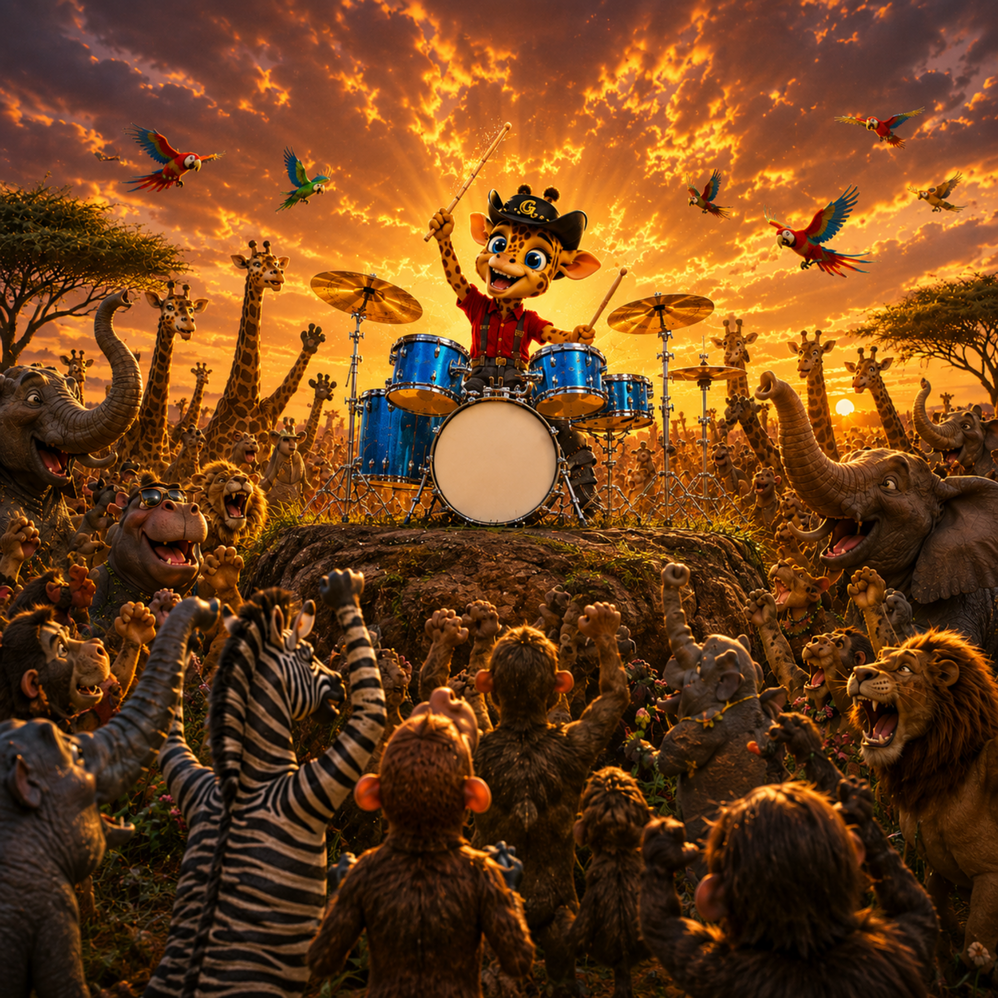 A joyful cartoon scene at sunset with a young tiger playing drums surrounded by animals and colorful parrots flying in the sky.