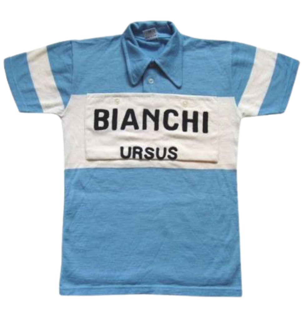 A vintage Bianchi USSUS cycling jersey with blue and white horizontal stripes and the brand name 'Bianchi' on the front.