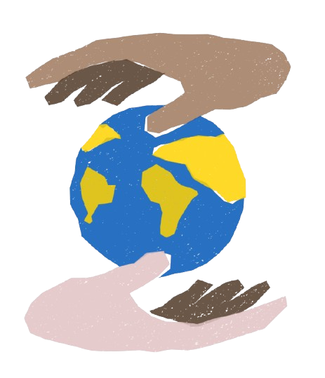 Two illustrated hands holding a globe depicting the world map.
