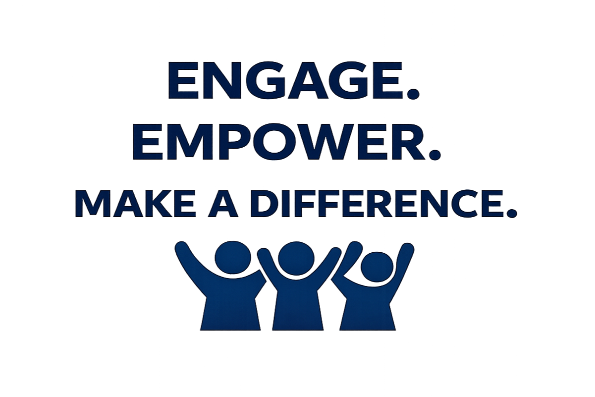 Blue text says "Engage, Empower, Make a Difference" with three stylized blue figures beneath, raising their arms in unity.