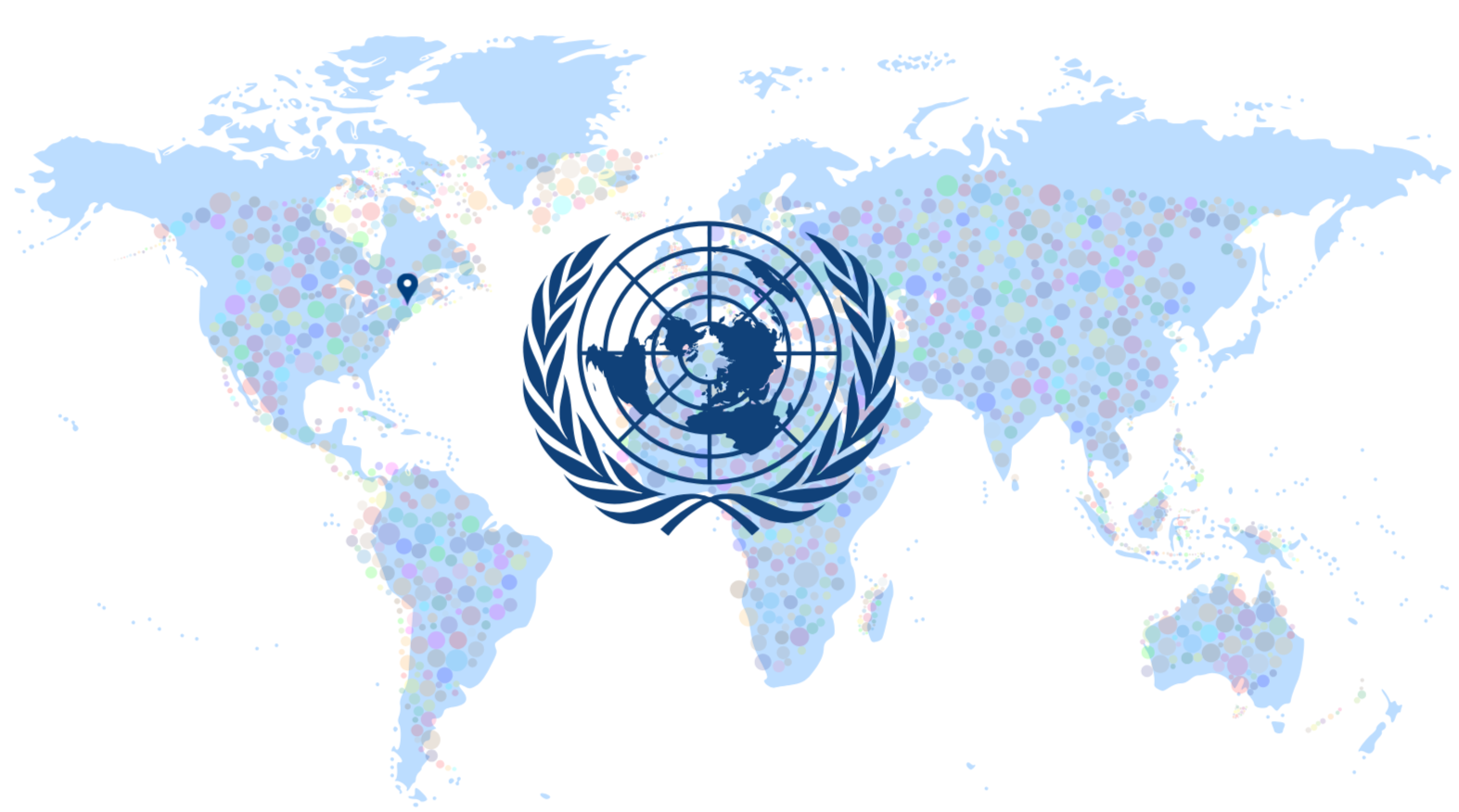 World map with colorful dots and the United Nations emblem overlayed in the center.